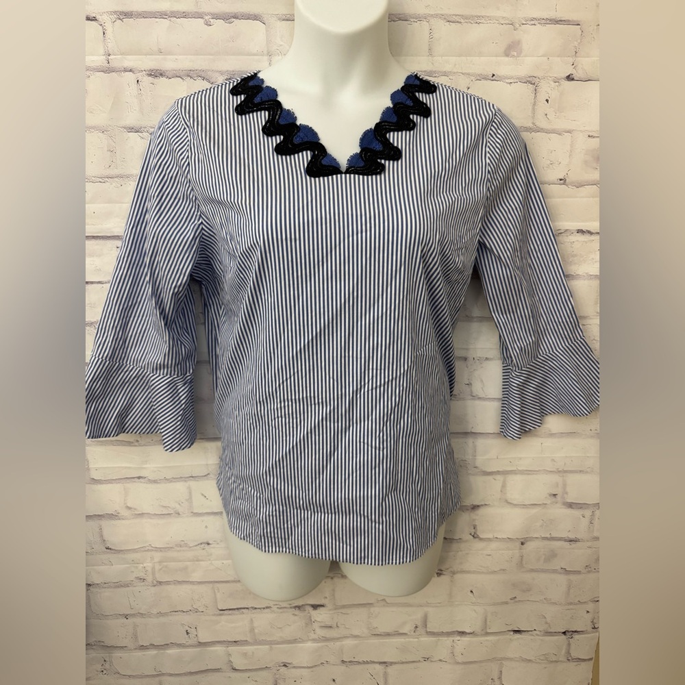 Talbots‎ XL Ric Tax Trim  Pullover Blouse Top Blue Striped V Neck Flounce Sleeve